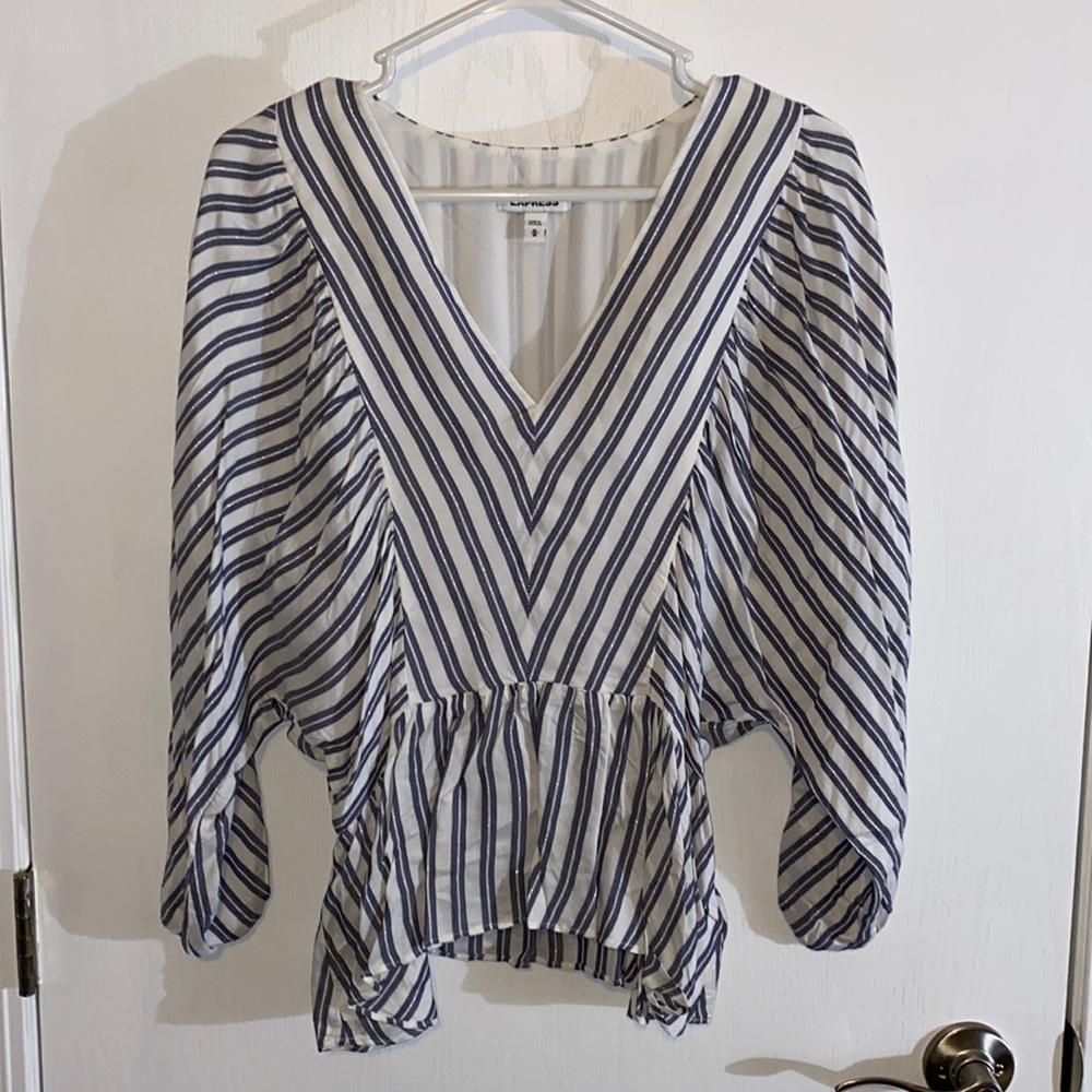 NWOT Express Medium Striped Peplum Blouse with Balloon Sleeves